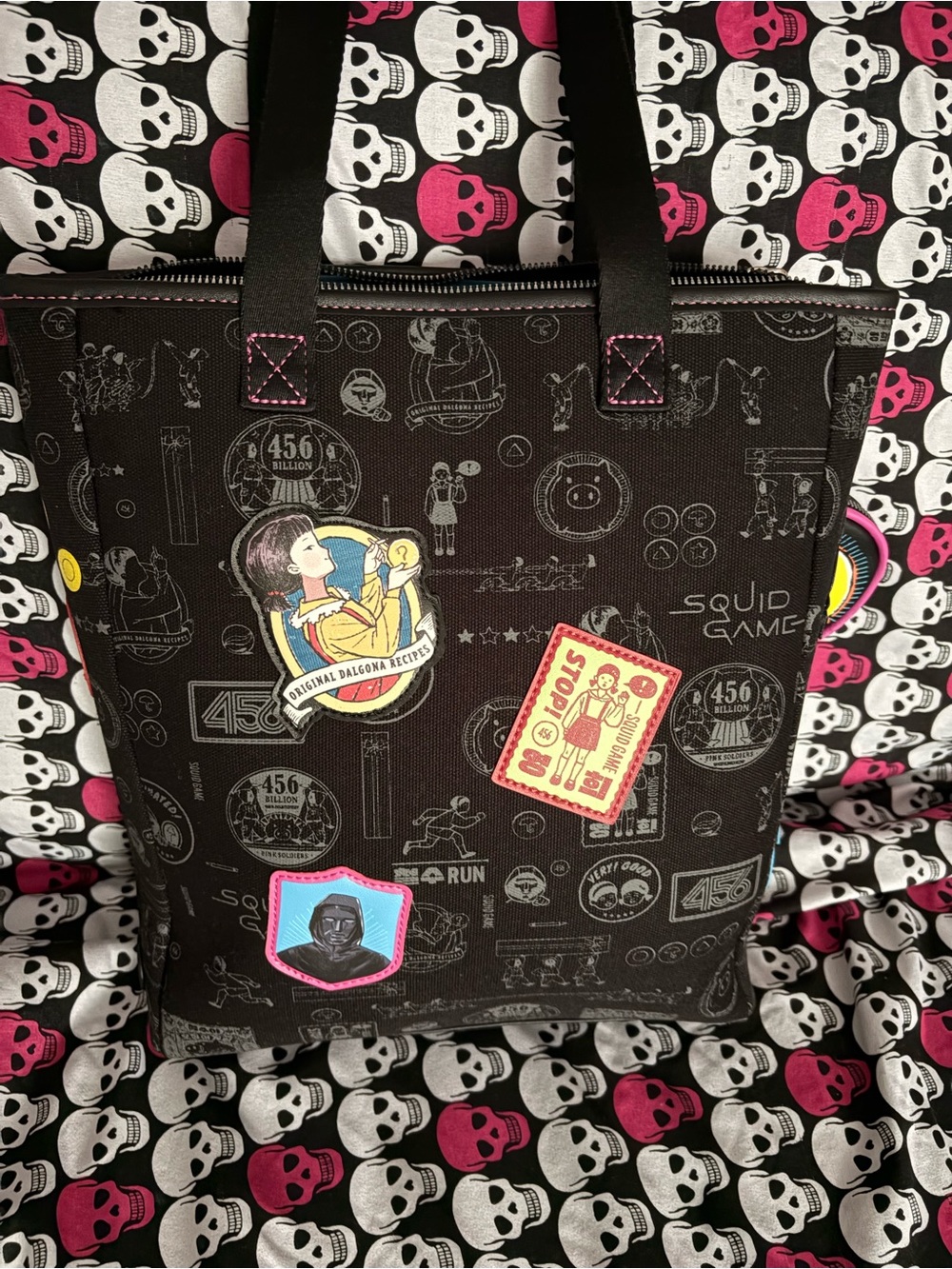 Squid Game Black Canvas Tote Bag with Colorful Patch Graphics